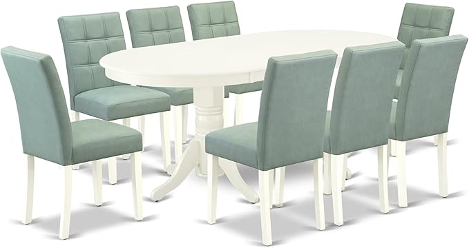 East West Furniture VAAS9-LWH-43 9 Piece Dining Room Set Includes A Wooden Dining Table and 8 Willow Green Polyester Fabric Parsons Chairs, Linen White