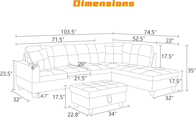 L Shaped Sectional Couch with Otttoman, 103" Sectional Sofa for Living Room Flannel Modular Couches with Cup Holders for Bedroom, Apartments, Light Grey