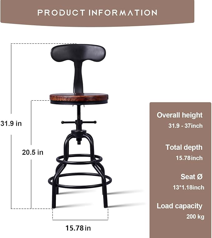 Diwhy Industrial Vintage Counter Stool, Kitchen Counter Height Adjustable Swivel Chair, Metal Frame Stool, with Iron Backrest, 20.47-26.77 Inch, Fully Welded Base, Set of 2