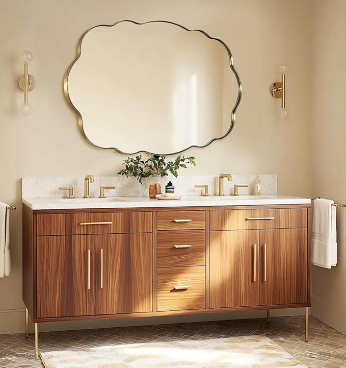 ANDY STAR Oval Bathroom Mirror, 30x40 Inch Scalloped Wall Mirror, Modern Brushed Gold Wavy Mirror, Anti-Rust Brass Metal Mirror for Bathroom Hang Vertical or Horizontal