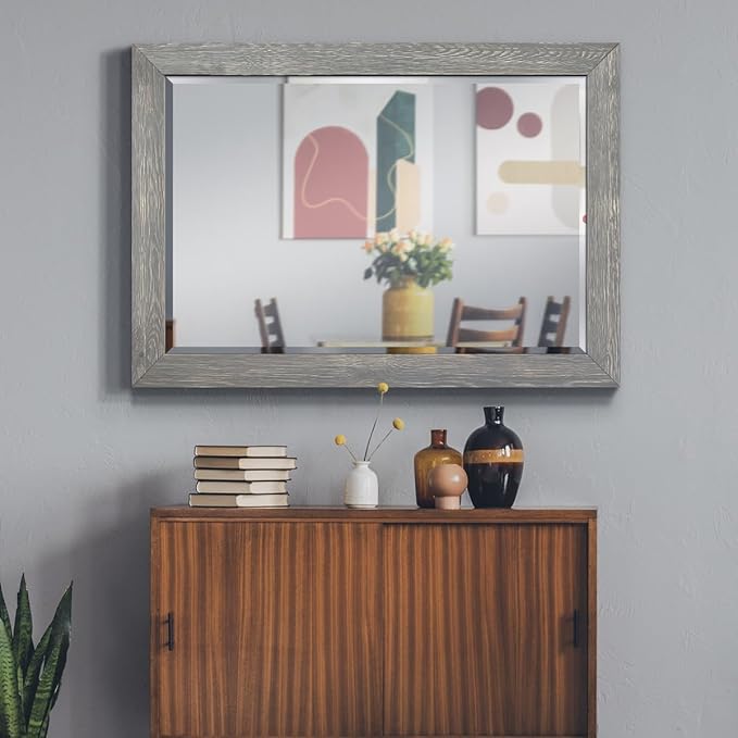 Gray Rustic Mirror Rectangular Barnwood Framed Wall Mirror for Home Decor, Vertical or Horizontal Hanging, 41x29