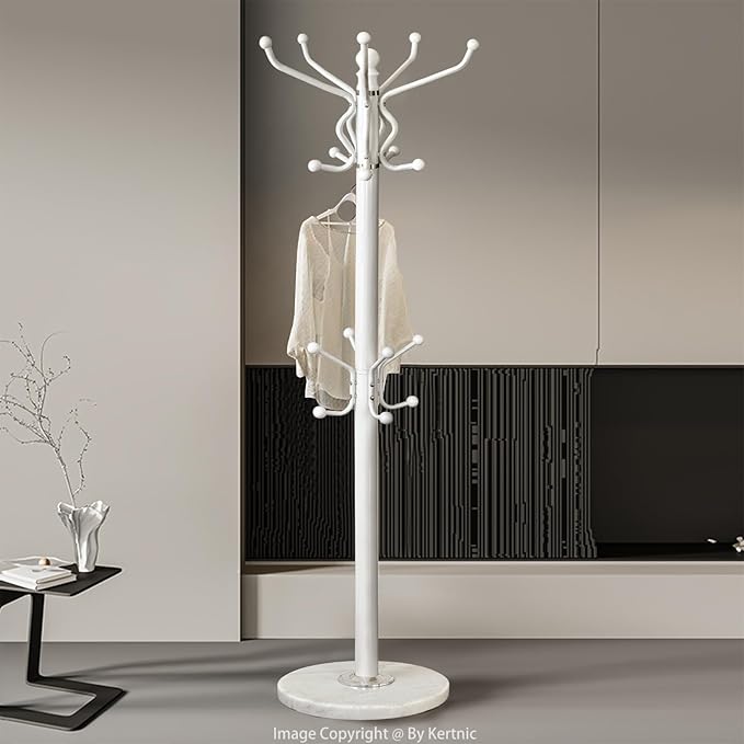 Kertnic Freestanding Coat Rack with 18 Hooks & Marble Base - Heavy Duty Metal Hall Tree Stand for Entryway, Hats, Coats, Bags Rack - Modern Hanger Organizer for Home, Office, Dorm (18 hooks -White)