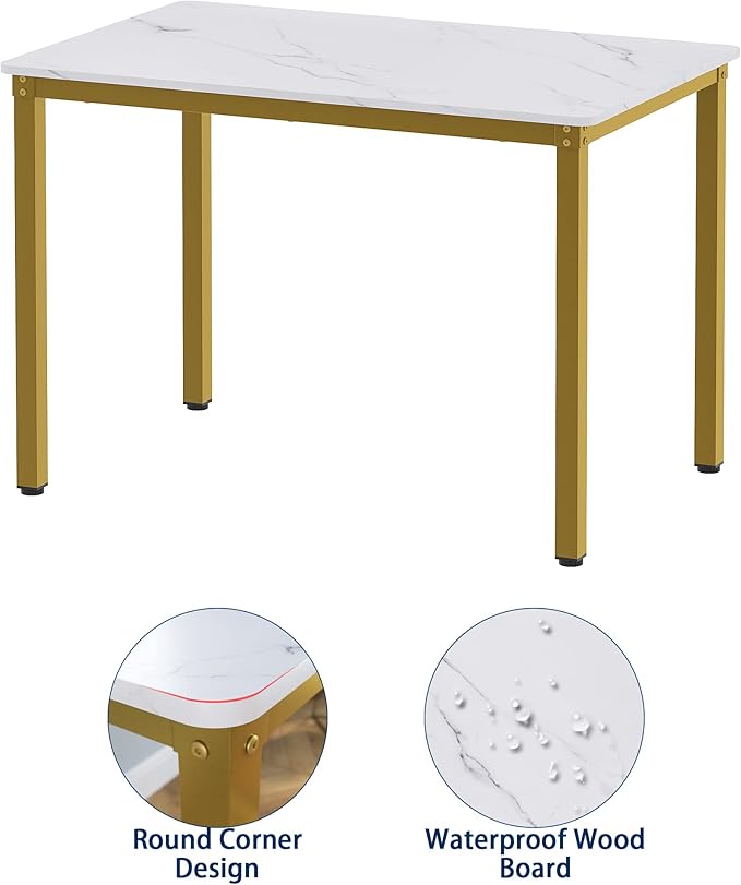 Teraves Dining Table Set for 4/Computer Desk,Kitchen Table with 2 Chairs and a Bench,Table and Chairs Dining Set 4 Picce Set for Dining Room (White Marbling+ Gold Frame,120CM)