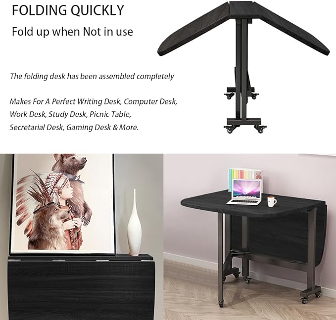 Multifunction Table Drop Leaf Dining Table - 47" Wooden Foldable Kitchen Table with 6 Wheels (Black)