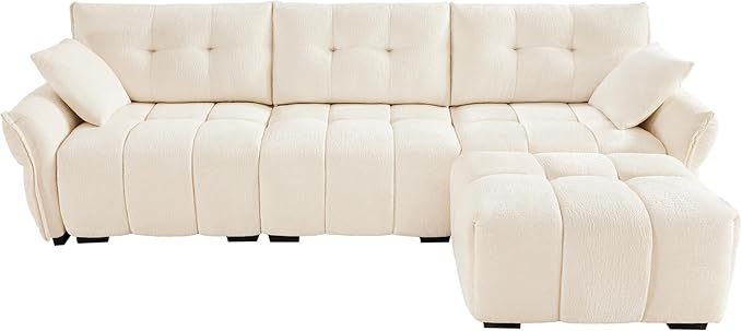 Modern Chenille Fabric 3-Seat Sofa w/Ottoman+2 Pillows, Premium Upholstery Living Room Couch with Tufted Backrest & Comfortable Armrests and High-Resilience Memory Foam Cushions,White