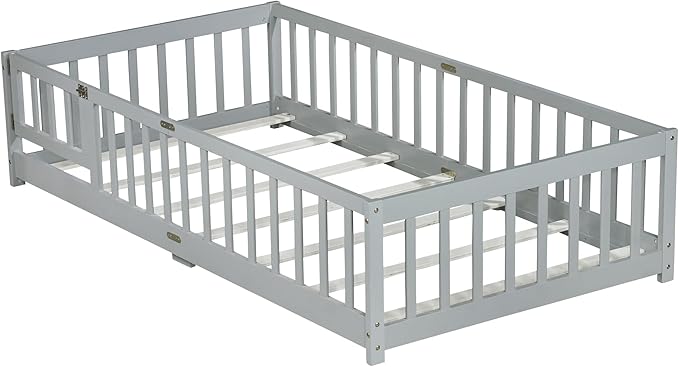 Bellemave Twin Floor Bed with Slats and Safety Guardrails, Kids Montessori Floor Beds with Fence and Door, Easy Assemble Floor Bed for Kids, Girls, Boys, Gray