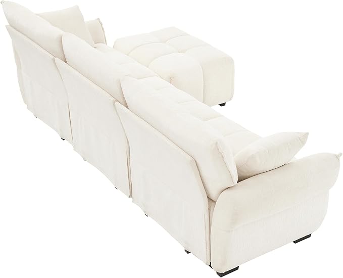 Modern Chenille Fabric 3-Seat Sofa w/Ottoman+2 Pillows, Premium Upholstery Living Room Couch with Tufted Backrest & Comfortable Armrests and High-Resilience Memory Foam Cushions,White