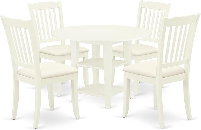 East West Furniture SUDA5-LWH-C 5 Piece Kitchen Table Set for 4 Includes a Round Dining Room Table with Dropleaf & Shelves and 4 Linen Fabric Upholstered Chairs, 42x42 Inch, Linen White