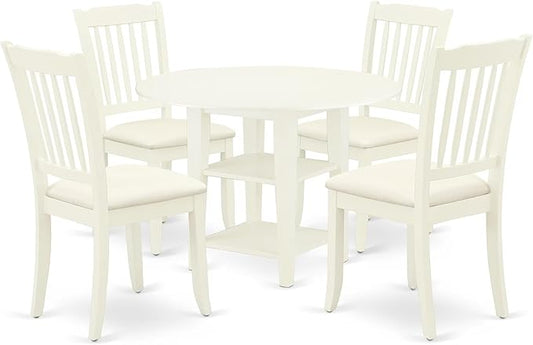 East West Furniture SUDA5-LWH-C 5 Piece Kitchen Table Set for 4 Includes a Round Dining Room Table with Dropleaf & Shelves and 4 Linen Fabric Upholstered Chairs, 42x42 Inch, Linen White