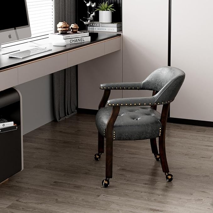 LEEMTORIG Large Dining Chairs with Casters and Arms, Rolling Dining Chairs with Wheels, Accent Game Chairs, Boss Caption's Chairs, 26"D x 25.2"W x 31.5"H, Espresso Legs & Dark Grey Fabric SY-318-GY