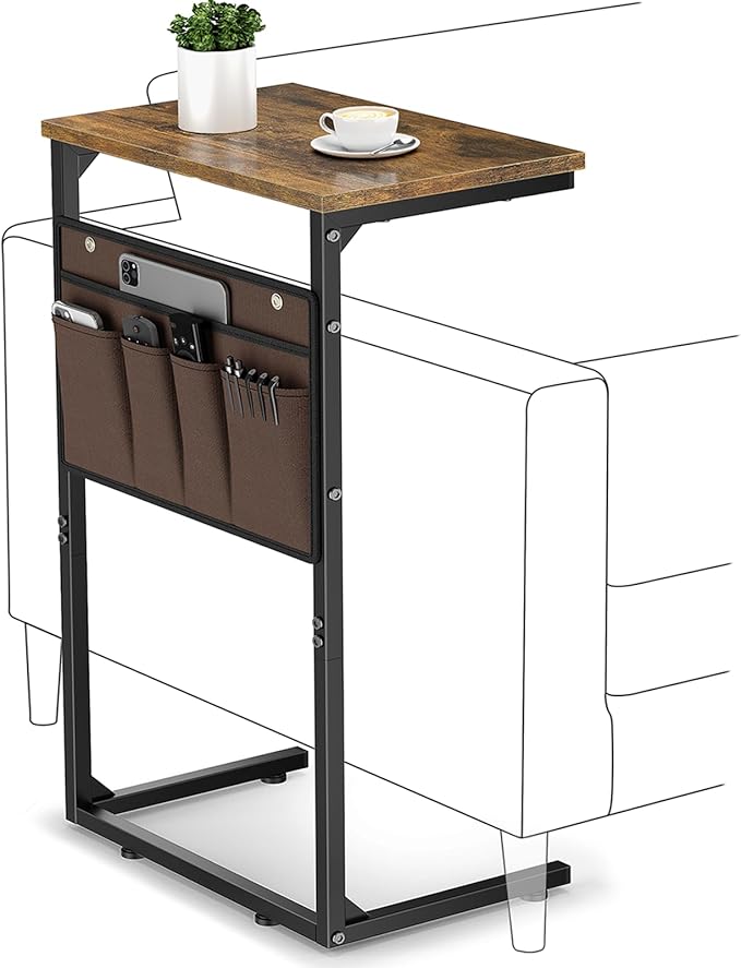 Vagusicc C Shaped End Table Set of 2, Tall Side Table for Sofa, Small Couch Side Table with Storage Bag, TV Tray Table for Small Spaces, Sturdy Slide Under Sofa Table with Metal Frame for Living Room