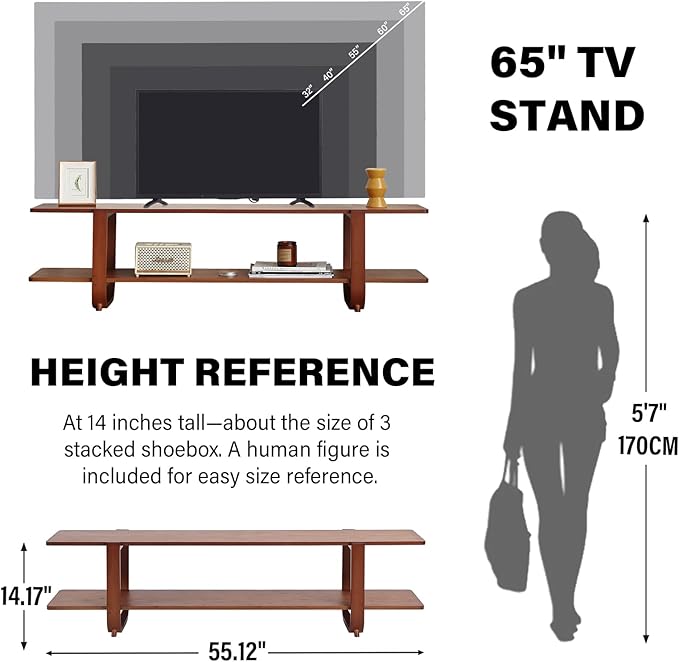 Welnow Bamboo TV Stand for Up to 65 Inch, Mid Century Modern Entertainment Center with 2-Tier Open Shelves, Storage Media Console Table for Living Room, Bedroom, Walnut