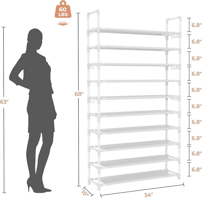 Tall Shoe Rack 10 Tier Shoe Organizer Large Shoe Shelf with 18 Hooks Storage for 50 Pair Sneaker and Boot, Stackable Vertical Shoe Rack Organizer for Closet, Entryway, Bedroom, White