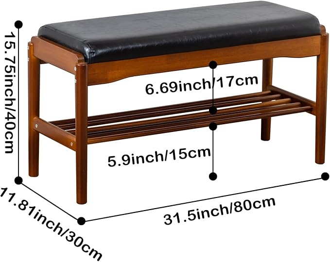 Shoe Bench, Entryway Bench, Wood 2-Tier Shoe Rack with Cushion Padded Seat Shoe Organizer (31.5",Black)