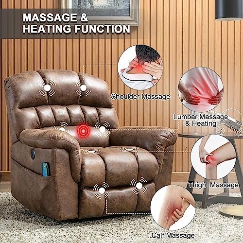 Phoenix Home Large Power Lift Recliner with Massage and Heat for Elderly, Heavy Duty & Safety Motor Reclining Chair, Faux Leather Electric Wider Recliner with USB Ports, 2 Side Pockets, Brown