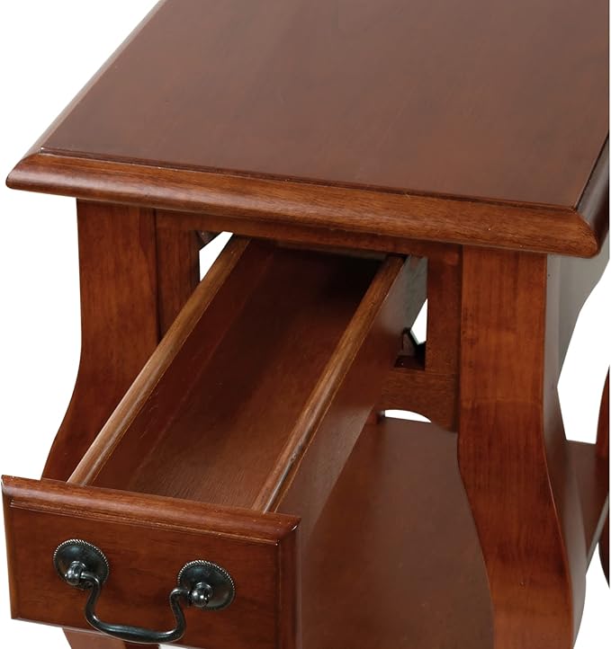 Leick Home Side Table, One Drawer, French Cabriole Leg, Shelf, Solid Poplar, Brown Cherry Finish, 12.5 in W x 23.5 in D x 24 in H, 9018-BR