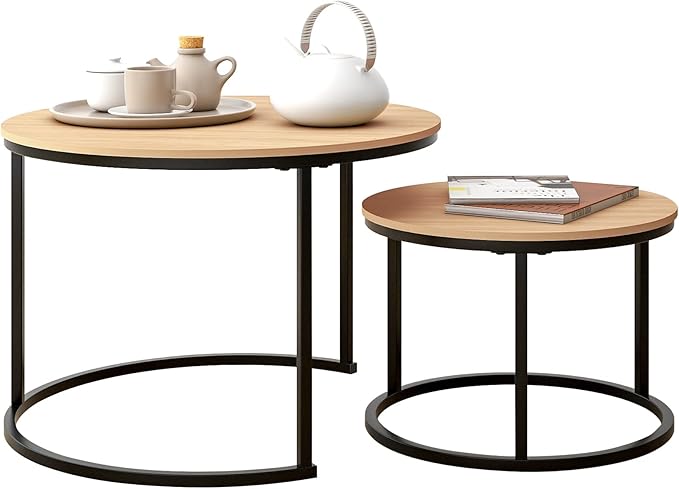 Industrial Round Coffee Table Set of 2 End Table for Living Room,Stacking Side Tables, Sturdy and Easy Assembly,Wood Look Accent Furniture with Metal Frame,Black+Teak OAKDK