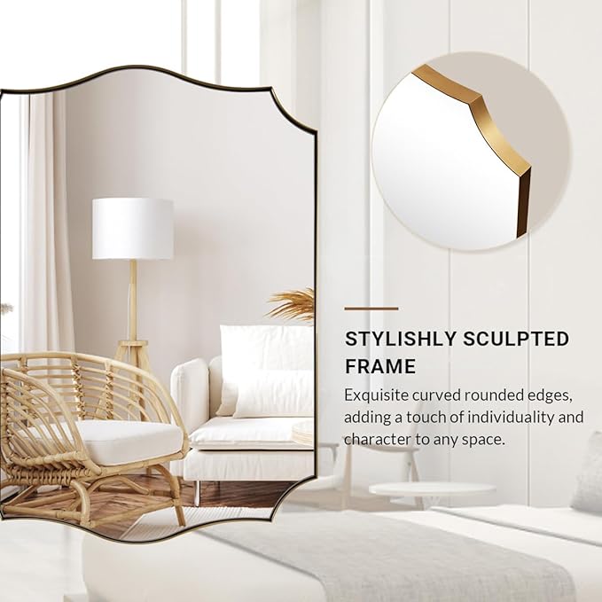 ANDY STAR 30x48 Inch Gold Bathroom Mirror, Large Brushed Gold Rectangle Mirror, Antique Brass Mirror in Rust-Proof Stainless Steel 1" Frame, Unique Wavy Frame Design, Vertically/Horizontally