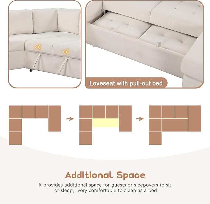 108.3 Inch Modular Sectional Sleeper Sofa with Pull-Out Bed and Lounge Chair, U-Shaped Combination Corner Couch w/USB & Type-C Interfaces, for Living Room Bedroom Office, Beige