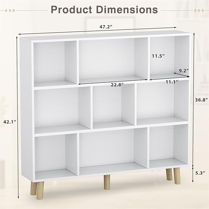 YESHOMY 9 White Cube Bookcase, Open Frame 3-Tier Book Shelf, Bookshelf Storage Organizer with Feet & Anti-Tilt Device for Organization, Room Decor