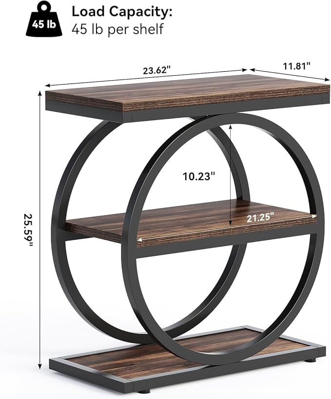 LITTLE TREE End Table Set 2, Side Table with 3 Tiers Shelves, Slim Sofa Side Table for Living Room, Tall Bedside Table Nightstand for Bedroom, Rustic Brown and Black