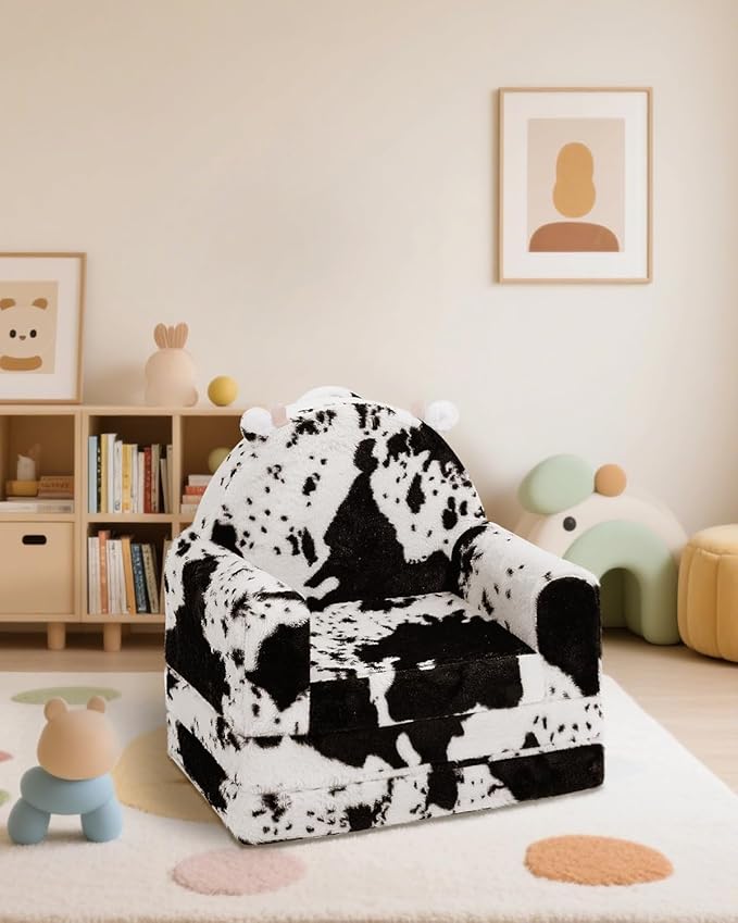 2-in-1 Toddler Chair and Couch – Soft Faux Rabbit Fur, Cow Pattern Design, Fold Out Seat for Reading & Nap, Ages 1–3