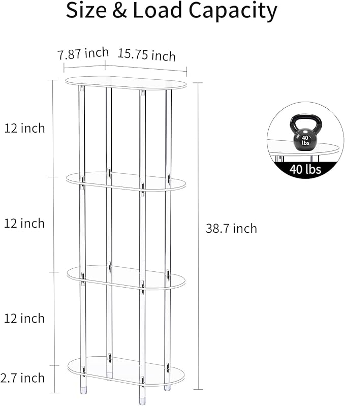 Clear Acrylic Narrow Side Table for Small Spaces, 15.75" L x 7.87" W x 38.7" H, 4 Tier Oval Slim End Table Nightstand, Small Minimalist Skinny Bedside Table for Bedroom, Bathroom, Living Room