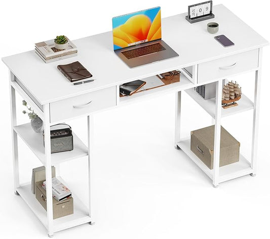 Whitmor Computer Desk - 48 Inch Home Office Study Writing Table with 2 Fabric Drawers, Storage Shelves, Side Bag, Headphone Hook, White