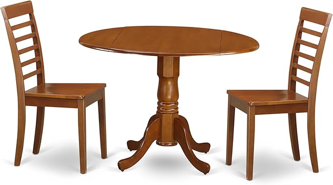 East West Furniture DLML3-SBR-W 3 Piece Kitchen Table Set for Small Spaces Contains a Round Dining Table with Dropleaf and 2 Dining Room Chairs, 42x42 Inch, Saddle Brown