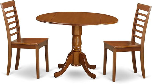 East West Furniture DLML3-SBR-W 3 Piece Kitchen Table Set for Small Spaces Contains a Round Dining Table with Dropleaf and 2 Dining Room Chairs, 42x42 Inch, Saddle Brown