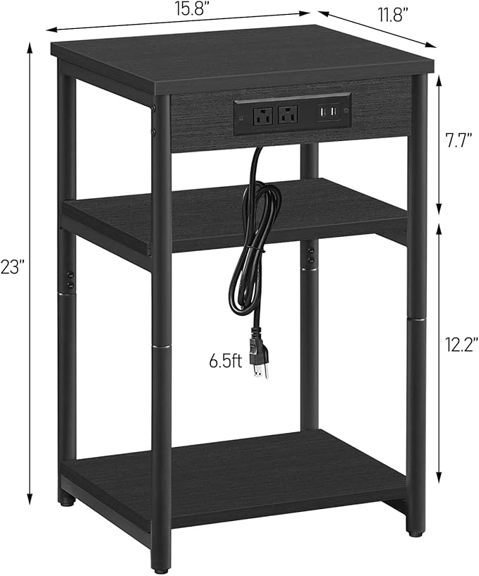 TUTOTAK End Table with Charging Station, Nightstand, 3-Tier Couch Side Table with USB Ports and Outlets, Bedside Table for Small Space, Living Room TB01BK026