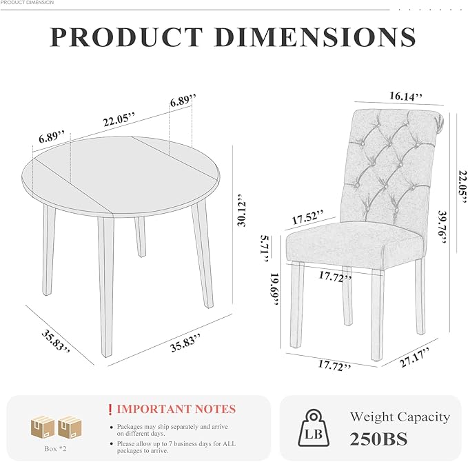 COLAMY 3-Piece Extendable Dining Table Set for 2, 36" Kitchen Round Wood Table with 2 Tufted Dining Room Chairs,Light Brown/Light Grey
