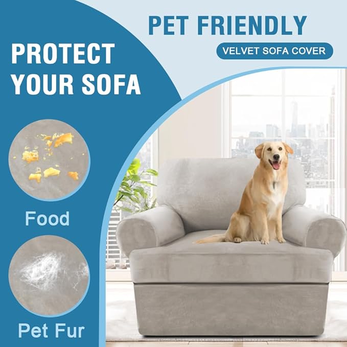H.VERSAILTEX Sofa Cover 2 Piece T Cushion Armchair Slipcovers Thick Velvet Couch Cover Stretch T Cushion Sofa Covers for 1 Cushion Couch with 1 Individual T Cushion Covers Washable, Oatmeal