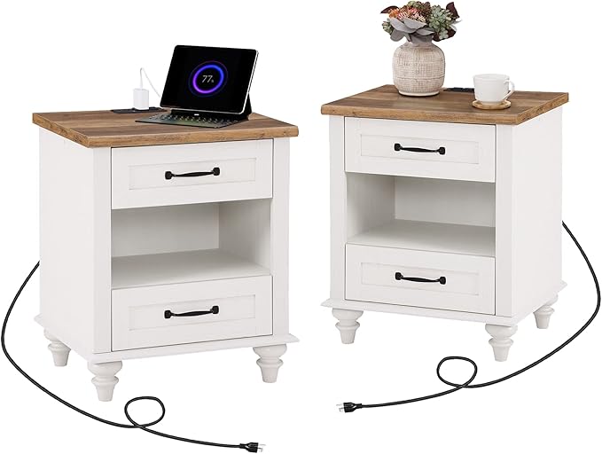 WAMPAT Set of 2 Nightstands with Charging Station & 2 Drawers, Mid Century Modern End Tables Side Table for Living Room, White Wooden Nightstand Bedside Table for Bedroom & Dorm