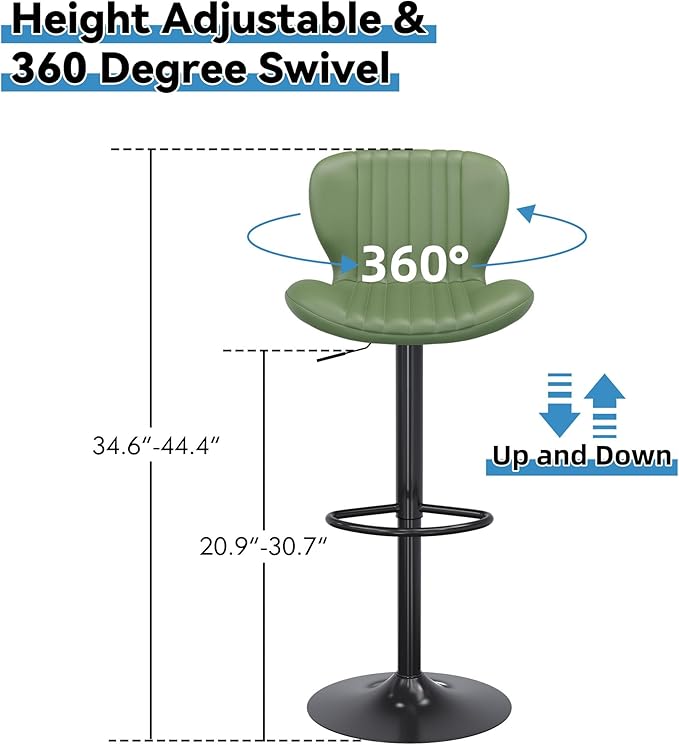 Shintenchi Bar Stools Set of 4 Modern Swivel Bar Chairs, Counter Height Faux Leather Metal Barstools, Upholstered Island Chairs with Back and Footrest, Green