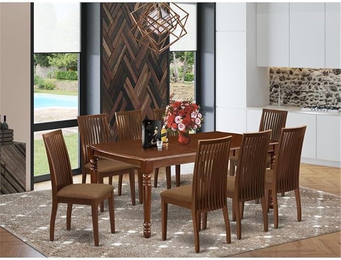 East West Furniture DOIP9-MAH-C 9 Piece Dining Room Table Set Includes a Rectangle Kitchen Table with Butterfly Leaf and 8 Linen Fabric Upholstered Dining Chairs, 42x78 Inch, Mahogany