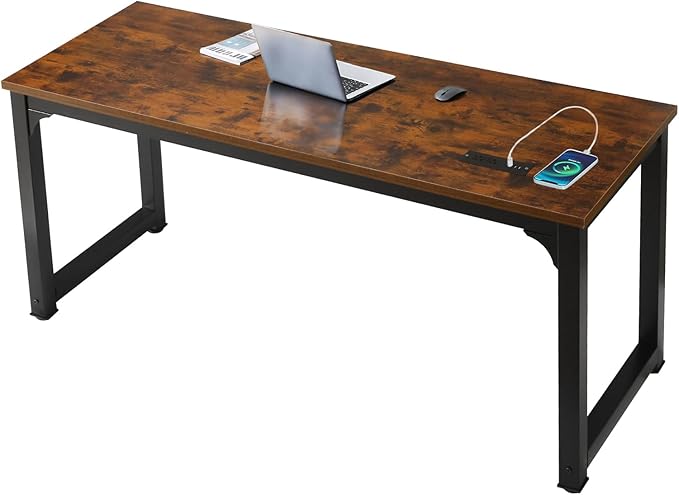 Large Computer Desk - 63 Inch Home Office Desks Study Student Writing Table Gaming Desk Wood Modern Simple Table with USB Ports, Rustic Brown
