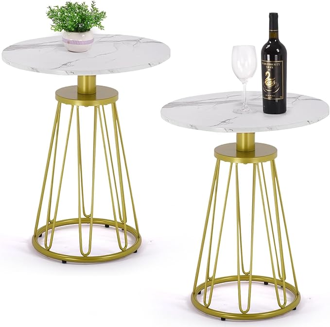 Round End Table Set of 2, Small Side Table for Living Room, Bedroom, Modern Side Tables for Small Spaces, Sofa Couch Table with Metal Frame Legs, Easy Assembly(Gold and White)
