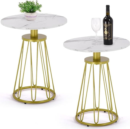 Round End Table Set of 2, Small Side Table for Living Room, Bedroom, Modern Side Tables for Small Spaces, Sofa Couch Table with Metal Frame Legs, Easy Assembly(Gold and White)