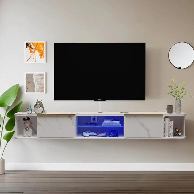Pmnianhua LED Floating TV Stand with 2 Drawers,70'' Floating TV Shelf with LED Lights,Wall Mounted Media Console,Floating Entertainment Center with Storage for Bedroom Playroom Living Room(White)