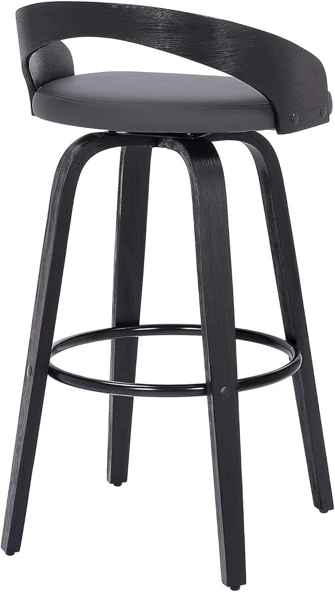 Armen Living Sonia 26" Counter Height Swivel Gray Faux Leather and Black Wood Bar Stool