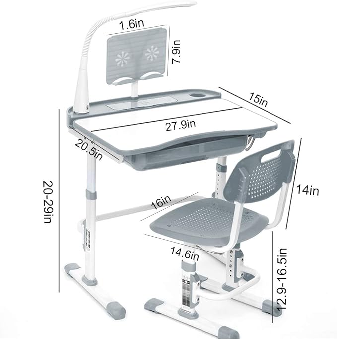 Kids Desk and Chair Set, Height Adjustable Children School Study Desk with Tilt Desktop, Bookstand, LED Lamp, Metal Hook and Storage Drawer for Boys Girls, Grey