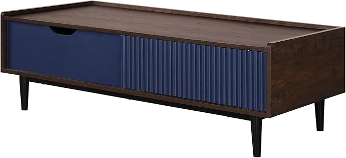 Manhattan Comfort Duane Mid Century Modern Coffee Table with Drawer & Cubby Shelf, Living Room Furniture with Ribbed Flat Design, Wood Grain Laminate Finish & Durable Iron Metal Feet, Navy Blue