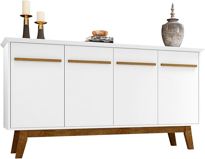 Manhattan Comfort Yonkers 63 Inch Buffet Sideboard with 2 Cabinets & Soft Close Doors, Storage Furniture with Stylish Beveled Top, Solid Wood Legs, White