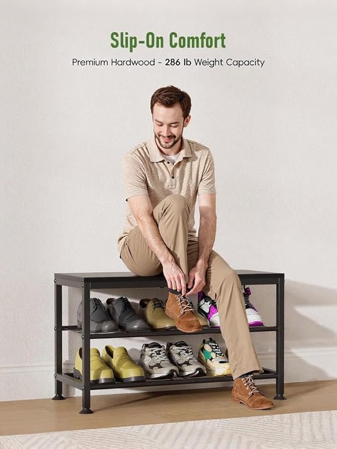 3-Tier Shoe Rack Bench - Entryway Organizer with Shoe Storage, Sturdy Shoe Shelf for Front Door, Small Space Saving Furniture, Black, Holds 286lbs,27.2" x 12.0" x 15.9"