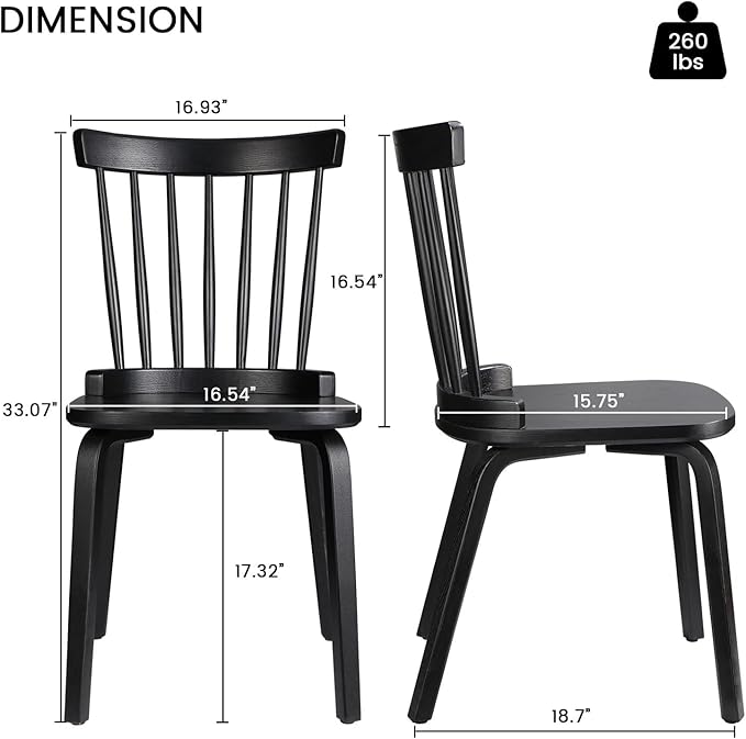 Unovivy Wood Dining Chairs Set of 6, Windsor Farmhouse Spindle Back, Widen Seat, Modern Mid-Century Country Style, for Living Room Restaurant, Black