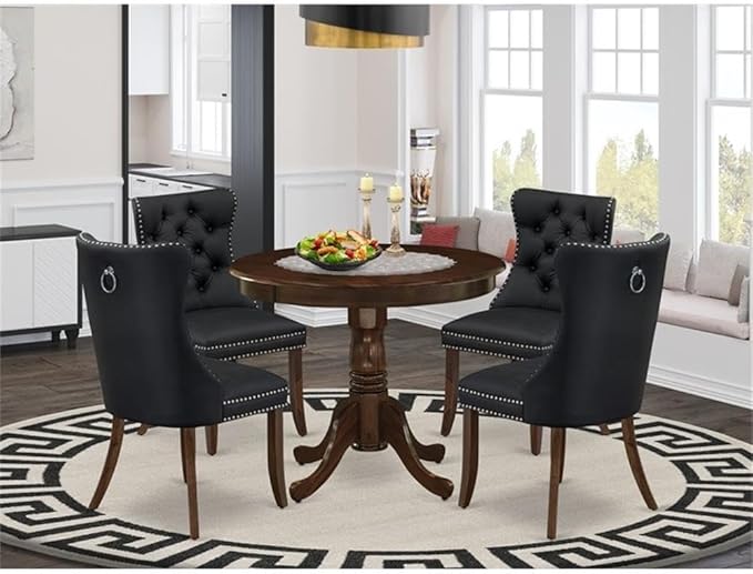 East West Furniture ANDA5-AWA-12 5 Piece Kitchen Table Set Includes a Round Dining Table with Pedestal and 4 Polyester Fabric Upholstered Parson Chairs, 36x36 Inch, Antique Walnut