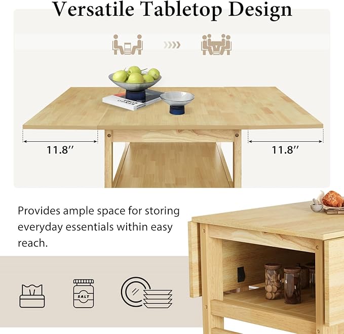 Drop Leaf Dining Table with Chairs Set of 4, 5-Piece Farmhouse Rectangular Dining Room Table with 4 Upholstered Solid Wood Chairs, Extendable Kitchen Tables for Small Place, Natural Rubber Wood