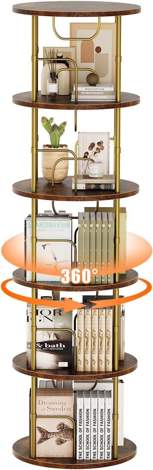 5 Tier Rotating Bookshelf, 360 ° Display Stackable Spinning Bookshelf Tower, Narrow Space Saving Tall Floor Standing Swivel Bookcase Corner Storage Organizer for Bedroom, Living Room, Gold