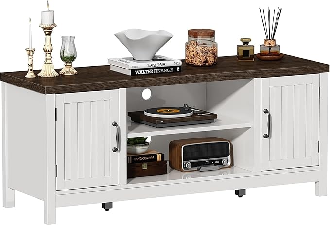 ChooChoo Farmhouse TV Stand, Wood Fluted Door Entertainment Center with Storage Cabinets and Open Shelves, Rustic Media Console up to 55 inches for Living Room, Bedroom, White